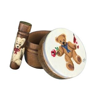 Vintage Wooden Hand-painted Teddy Bear Small Round Trinket Holder And Vial